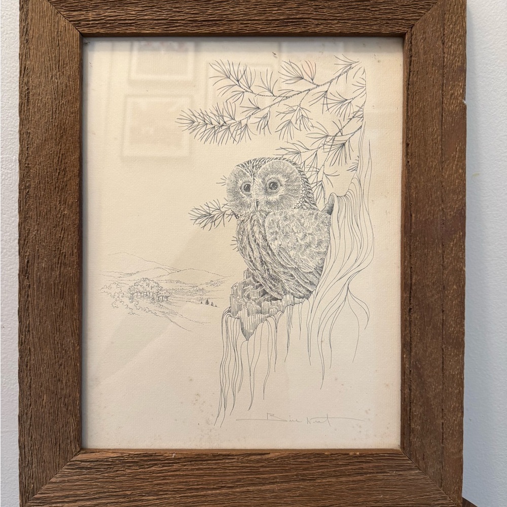 Rustic Brown Framed Owl Sketch vintage and signed